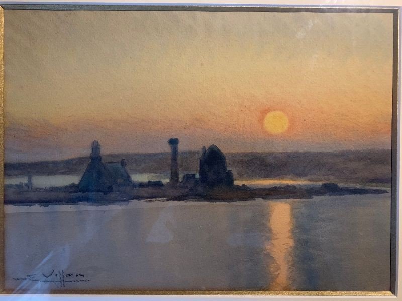 Eugène Villon (1879-1951) Aquarelle "soleil Couchant à Camaret" Bretagne  -photo-2