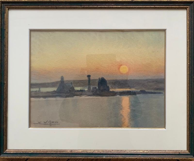 Eugène Villon (1879-1951) Aquarelle "soleil Couchant à Camaret" Bretagne  