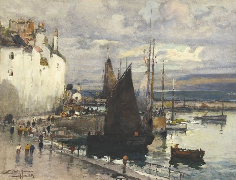 Eugène Villon (1879-1951) Watercolor "view Of Douarnenez" Brittany  