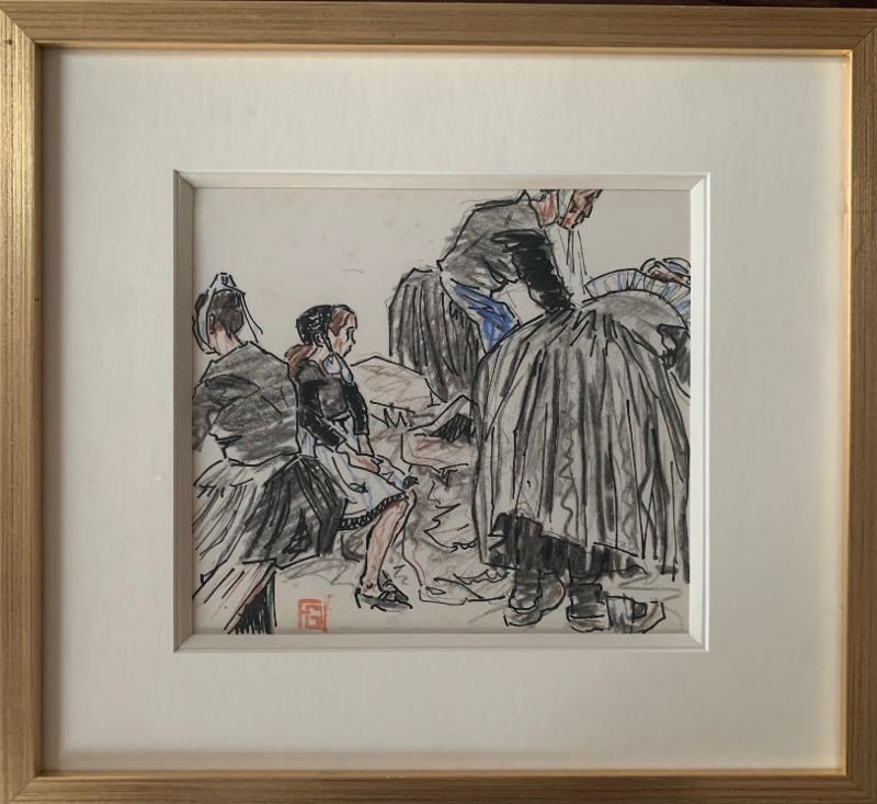 Geo Fourrier (1898-1966) Watercolor "breton Women At Work" 