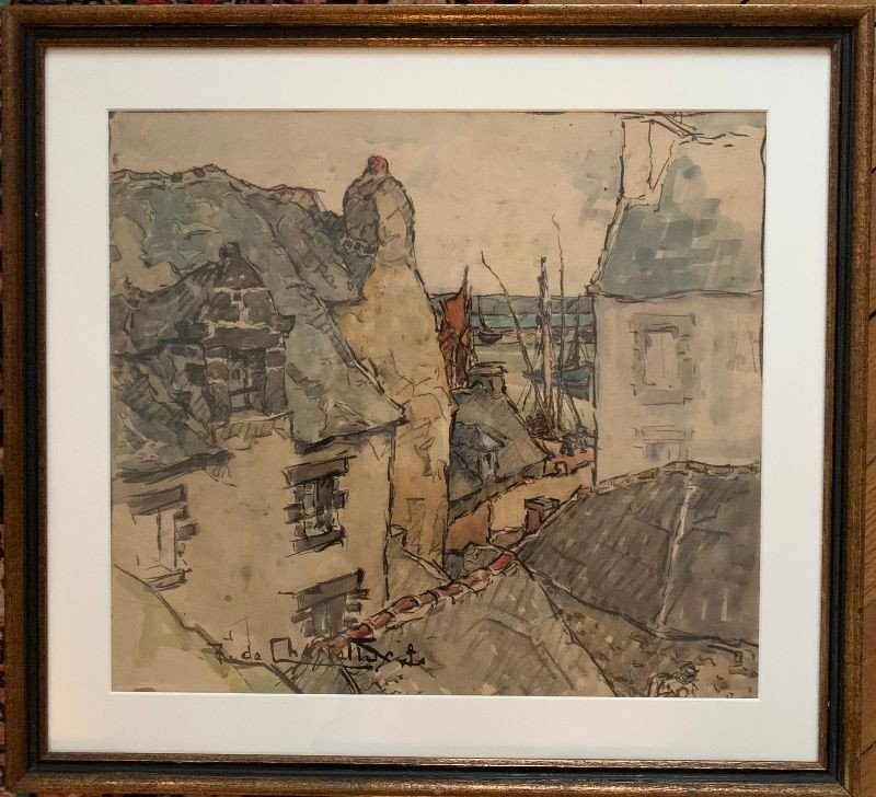 Jacques de Chastellus  (1897-1954) Aquarelle "vue de  Douarnenez " Bretagne