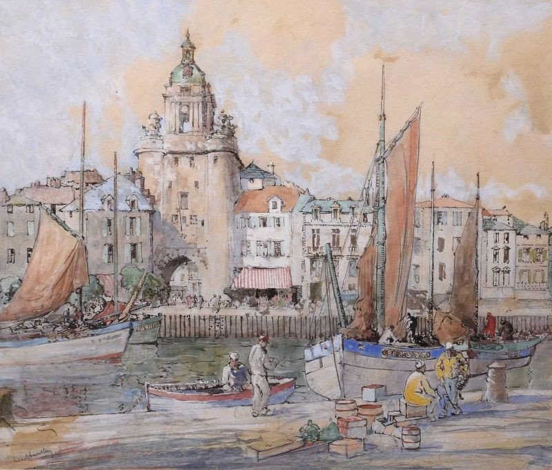 William Lee Hankey (1869-1952) Watercolor "port Of La Rochelle" -photo-2