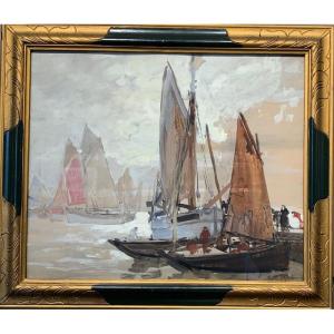 Paul Morchain (1876-1939) Huile Sur Carton " Bateaux à Douarnenez" Bretagne 