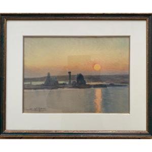 Eugène Villon (1879-1951) Aquarelle "soleil Couchant à Camaret" Bretagne  