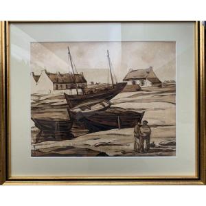 Robert Yan (1901-1994) Drawing "boats At Low Tide" Brittany 