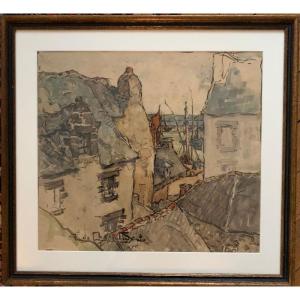 Jacques de Chastellus  (1897-1954) Aquarelle "vue de  Douarnenez " Bretagne