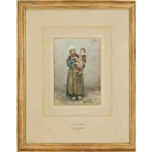 Mortimer L. Menpes ( 1855-1938) Aquarelle " Bretonne et son enfant - Auray  " Bretagne 