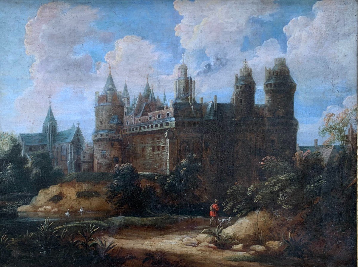 Paysage animé avec  Château médiéval, signé Jan Pinas (1583-1631)-photo-2