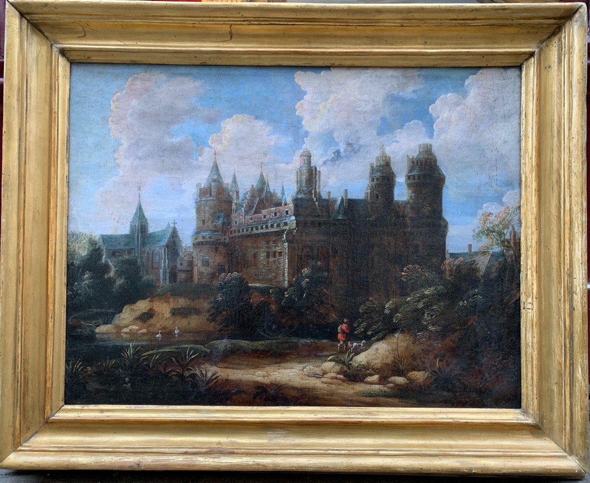 Paysage animé avec  Château médiéval, signé Jan Pinas (1583-1631)