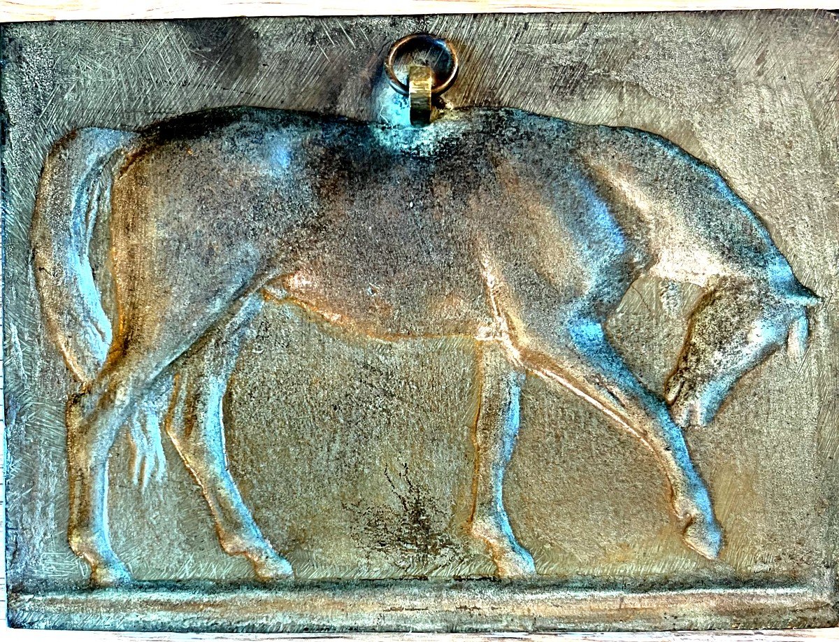 Plaque Bronze En Bas Relief, Cheval a Patine Verte Signé Victor Peter-photo-1