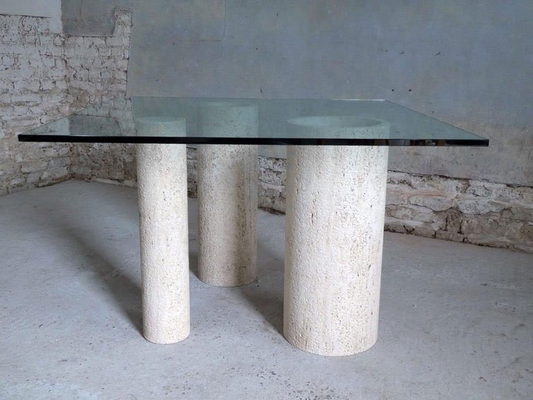 Massimo Vignelli Pour Casigliani, Table à Manger En Verre Et Travertin, 1980-photo-4