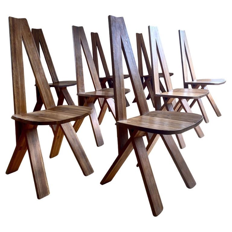 Pierre Chapo Suite De 8 Chaises S45 En Orme Massif 1970