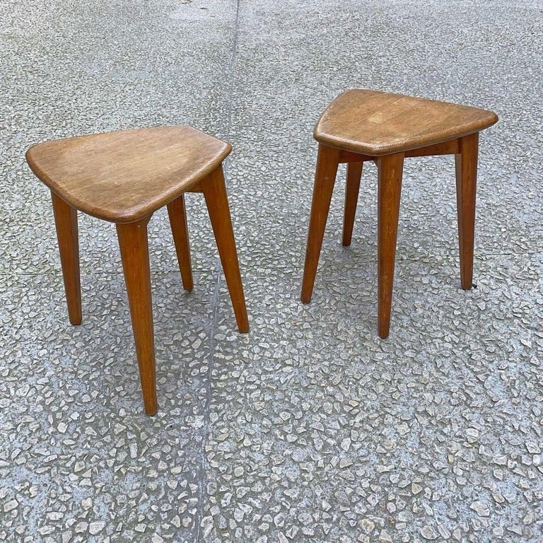 Pair Of Marcel Gascoin Oak Stools -photo-3