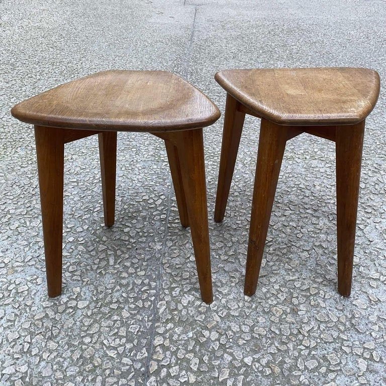 Pair Of Marcel Gascoin Oak Stools -photo-1