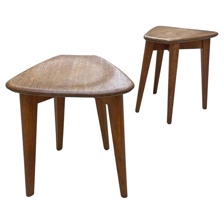 Pair Of Marcel Gascoin Oak Stools 