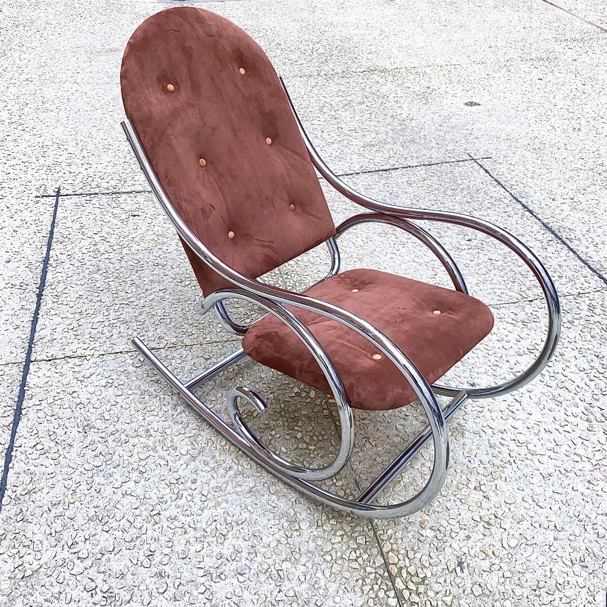 Milo Baughman Rocking Chair In Suede And Chrome-photo-3