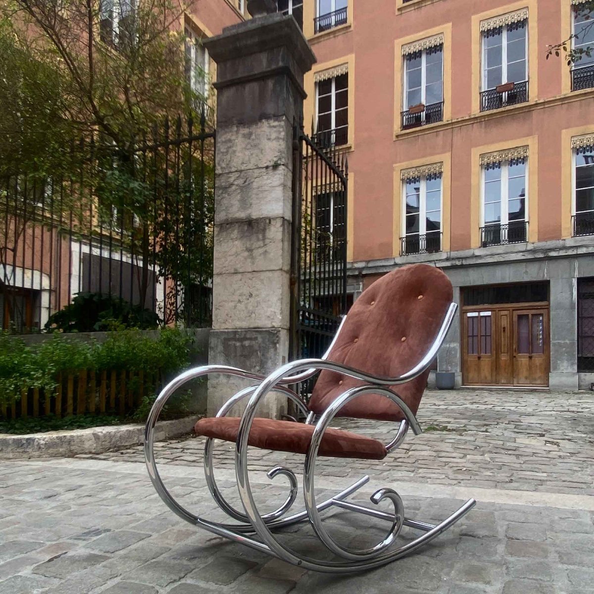 Milo Baughman Rocking Chair In Suede And Chrome-photo-3