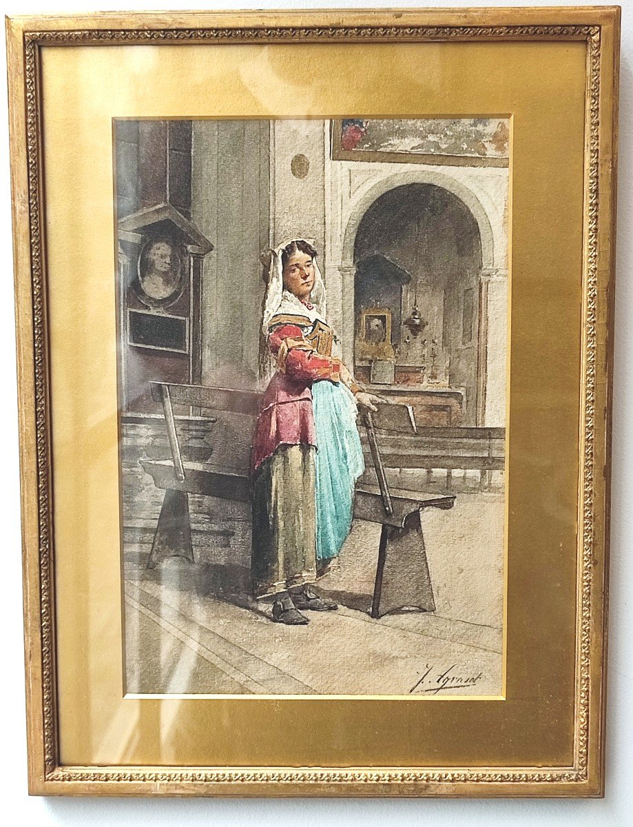 Une Italienne. Joaquin Agrasot.  Aquarelle De l'école Espagnole-photo-3