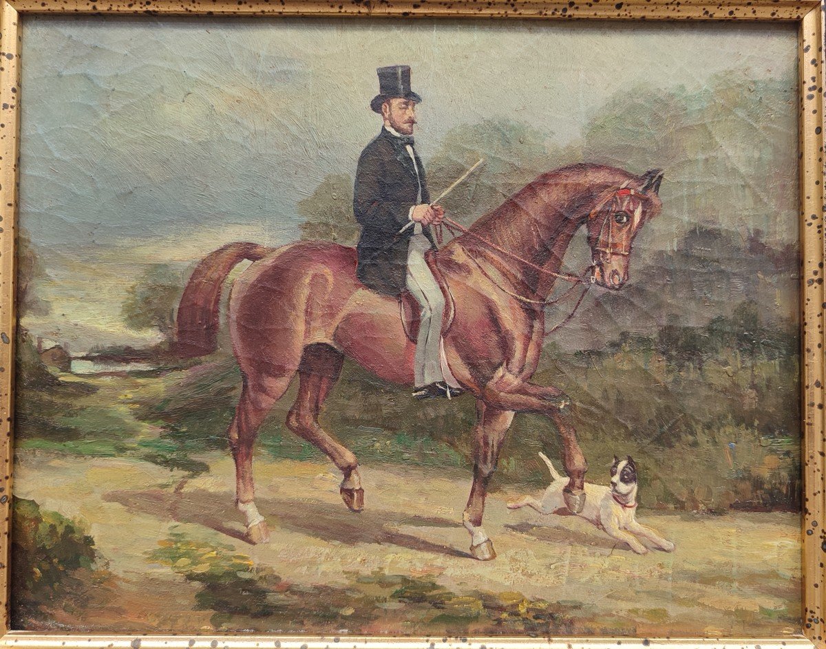 A Dandy On Horseback. Oil On Canvas. 19th Century -photo-2