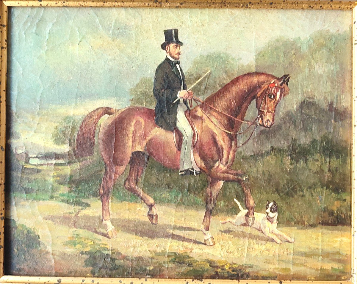 A Dandy On Horseback. Oil On Canvas. 19th Century 