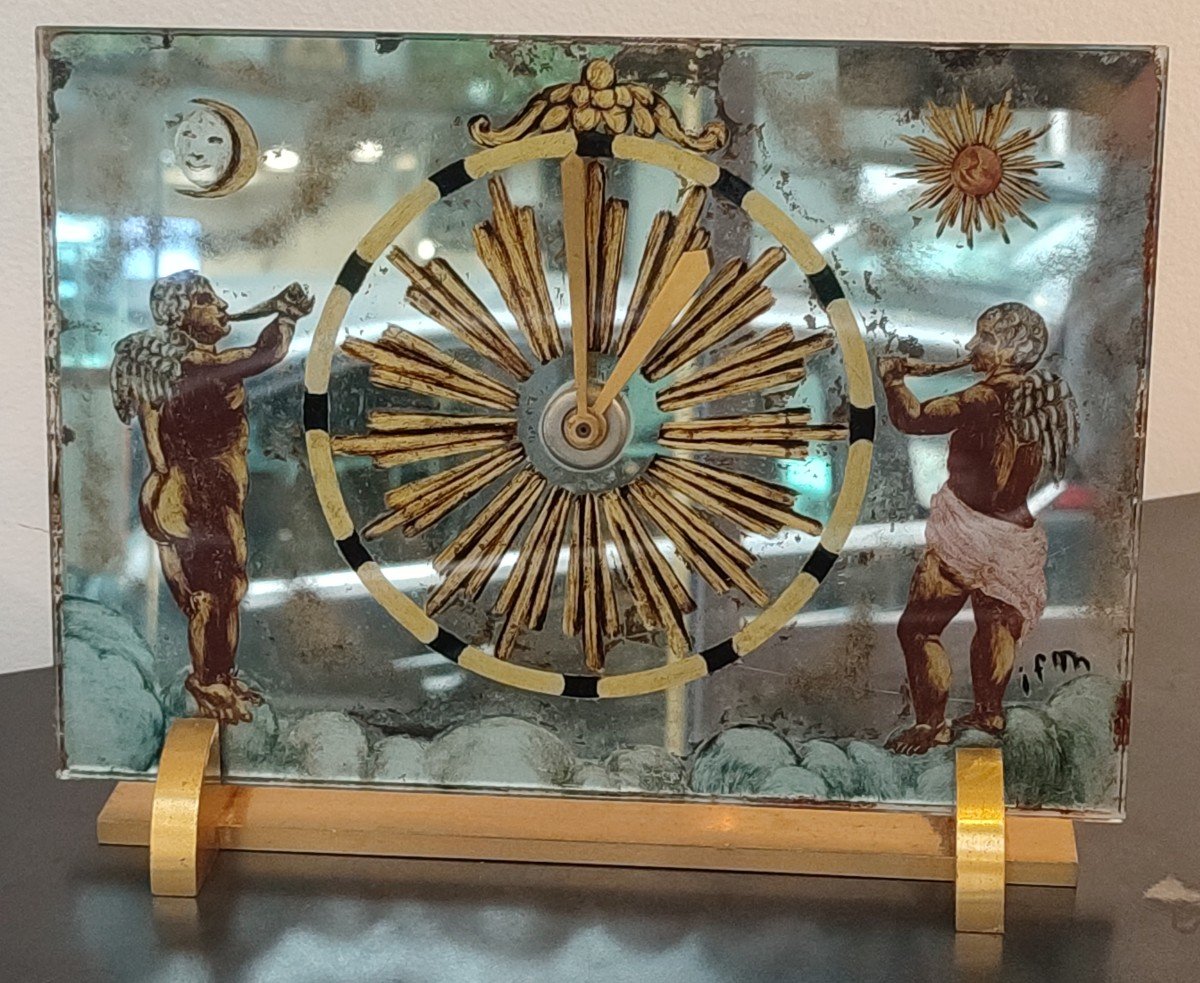 1940s Clock. Signed Under Glass Painting.-photo-5