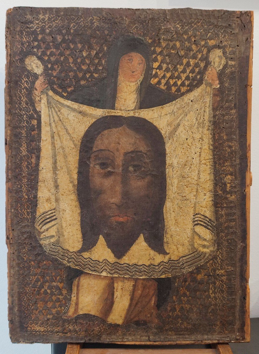 The Veil Of Saint Veronica. Painting On Gilded Cordoba Leather. 16-17th Century -photo-2