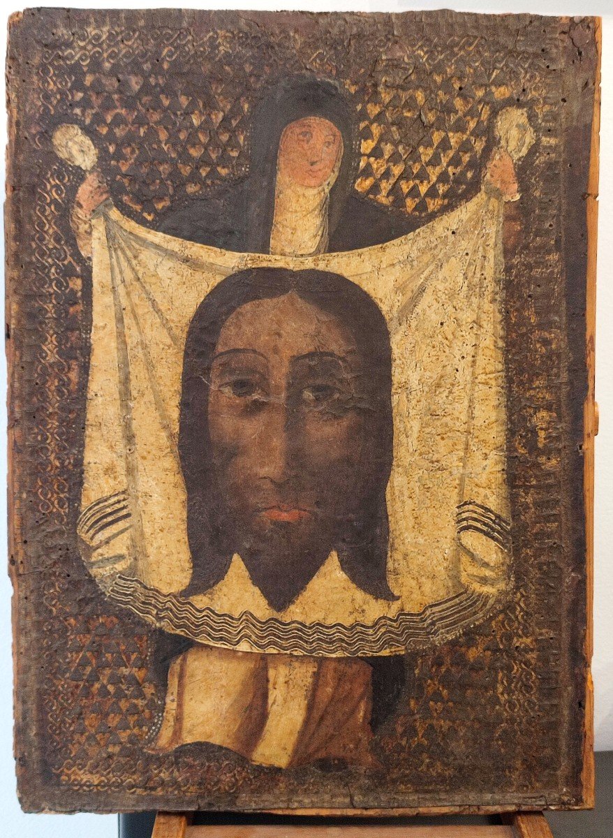 The Veil Of Saint Veronica. Painting On Gilded Cordoba Leather. 16-17th Century 