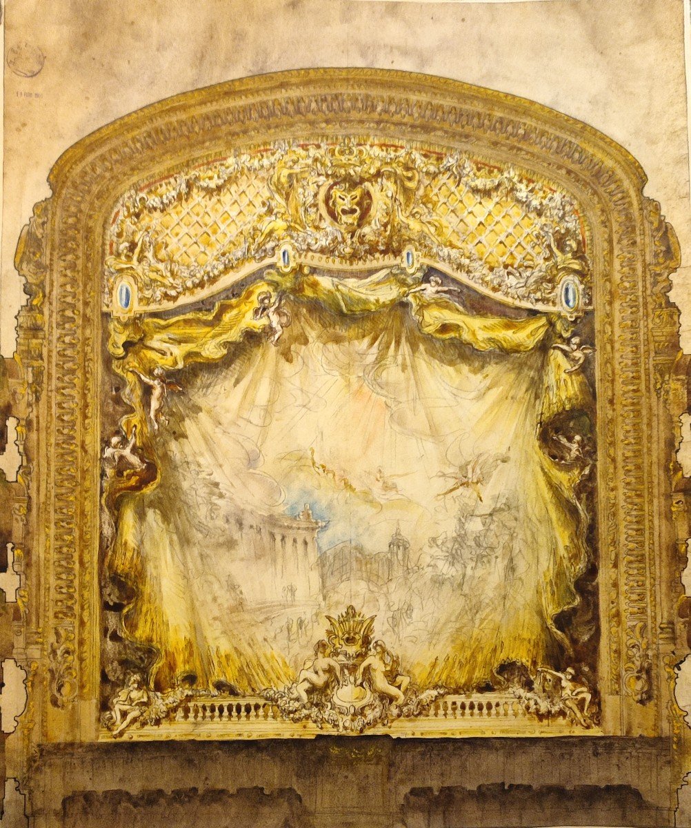 Stage Curtain. 19th Century Architecture Watercolor 