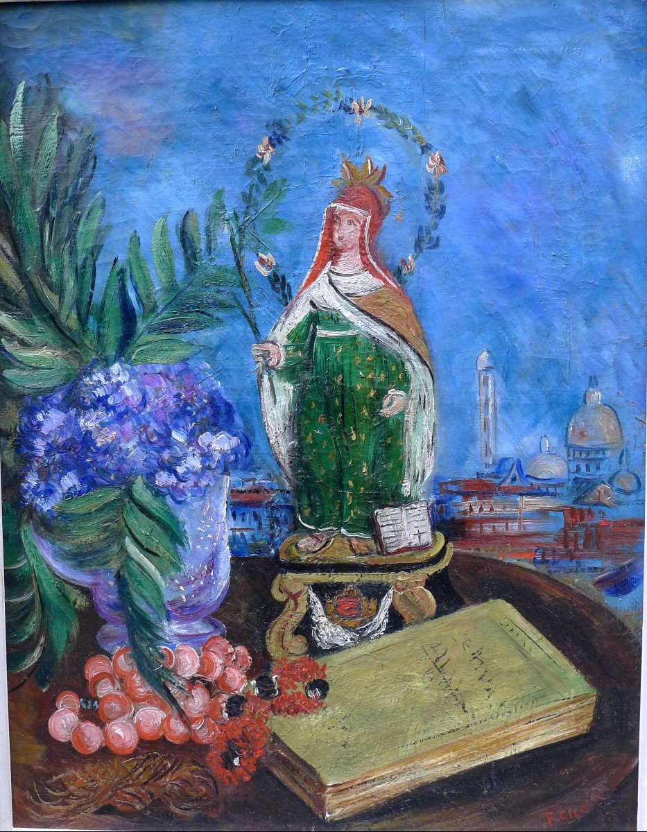  Irene Reno, Table de chevet fleurie, à la Vierge devant le Sacré Choeur de Paris, huile sur toile années 20.-photo-5