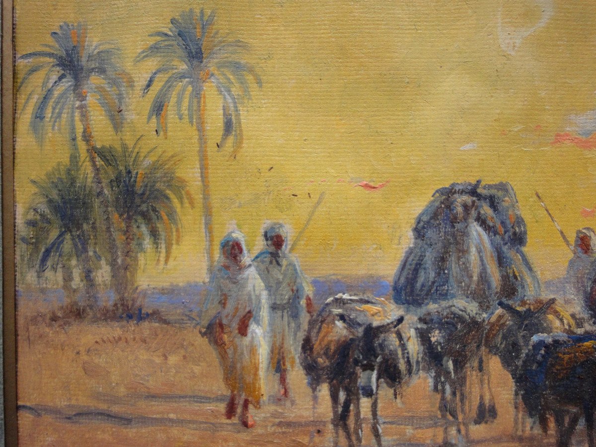 Alexis Auguste Delahogue. Bedouins Dans Une Oasis. Huile Sur Papier-photo-3