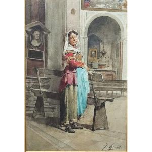 An Italian Woman. Joaquin Agrasot. Watercolor From The Spanish School