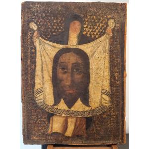 The Veil Of Saint Veronica. Painting On Gilded Cordoba Leather. 16-17th Century 