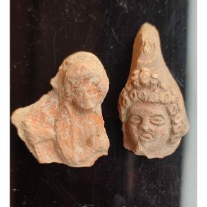 Deux Visages Provenant De Statuettes. Egypte Epoque Romaine et empire romain. 2-3 ème Siècle.