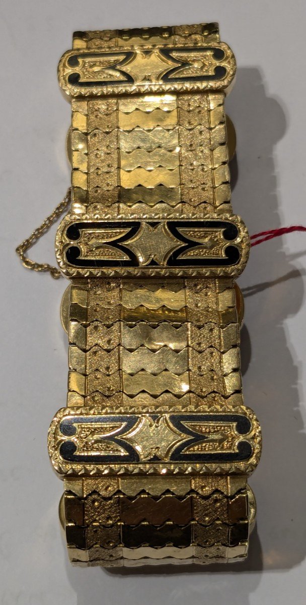 Bracelet souple en or jaune et barrettes émaillées - époque Napoléon III-photo-1