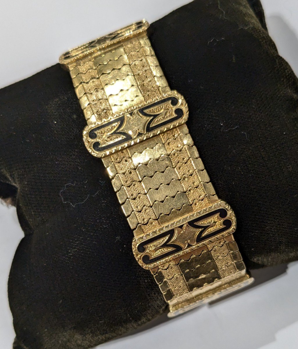 Flexible Bracelet In Yellow Gold And Enameled Bars - Napoleon III Period-photo-3