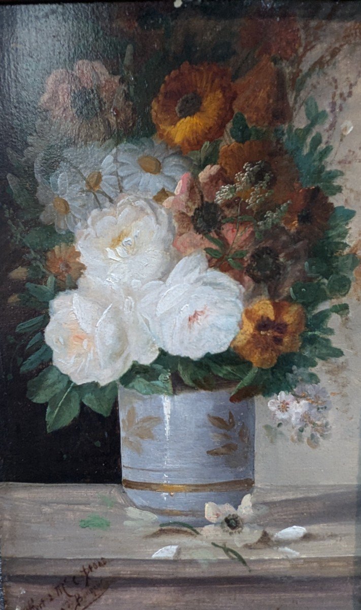 D. Bonheur "bouquet De Fleurs" Huile Sur Panneau -photo-2