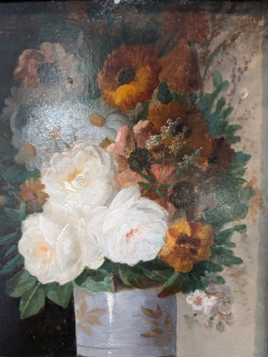 D. Bonheur "bouquet De Fleurs" Huile Sur Panneau -photo-1