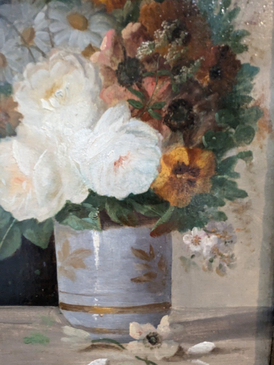 D. Bonheur "bouquet De Fleurs" Huile Sur Panneau -photo-2