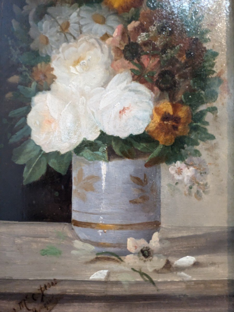 D. Bonheur "bouquet De Fleurs" Huile Sur Panneau -photo-3