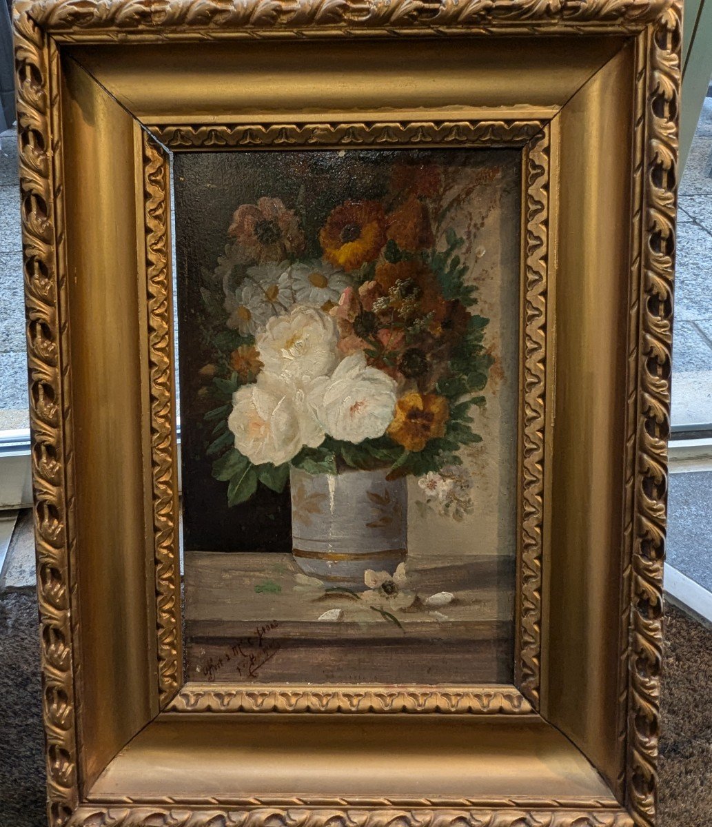 D. Bonheur "bouquet De Fleurs" Huile Sur Panneau 