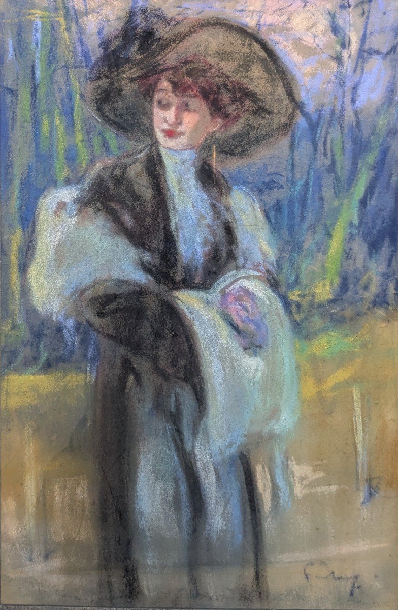 Pastel "woman With A Muff" Signed By Fortuney -photo-2