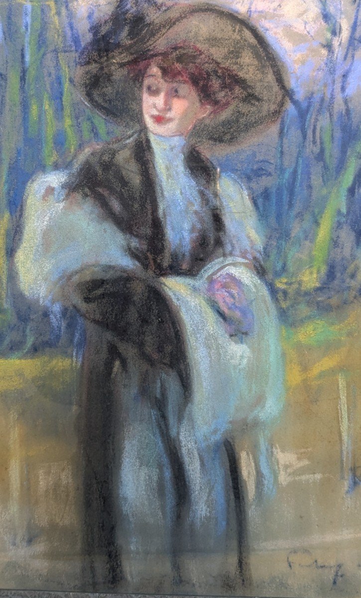 Pastel "woman With A Muff" Signed By Fortuney -photo-3