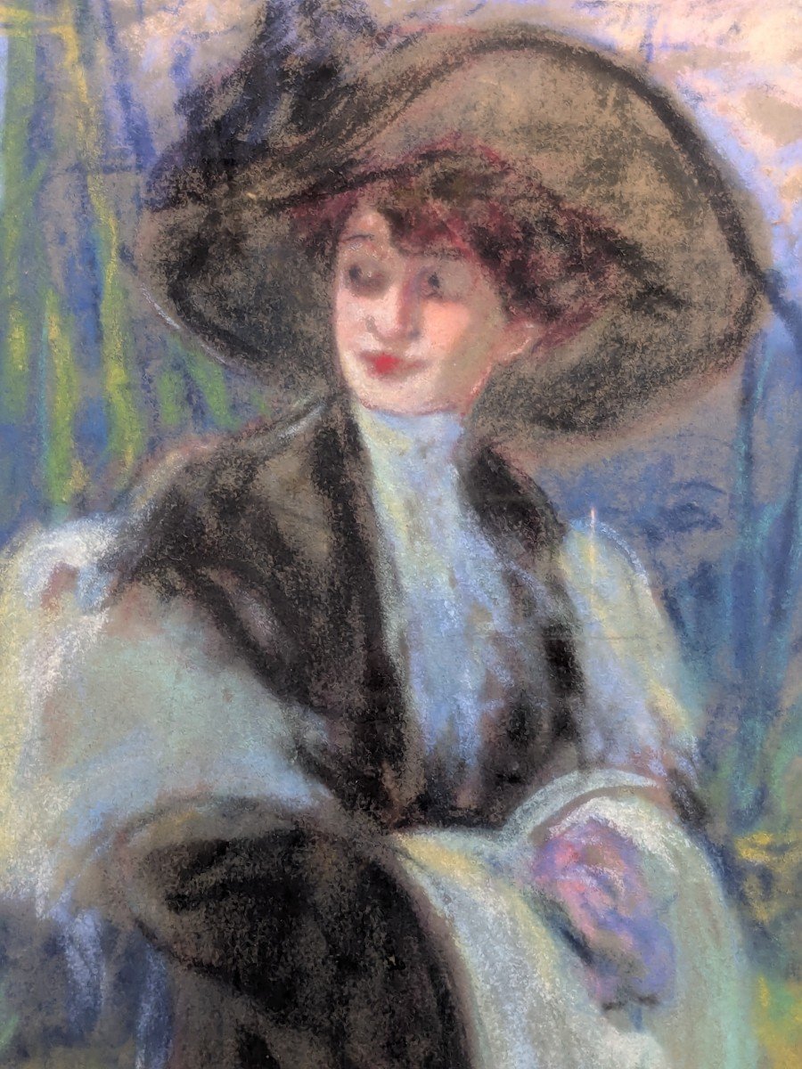 Pastel "woman With A Muff" Signed By Fortuney -photo-4