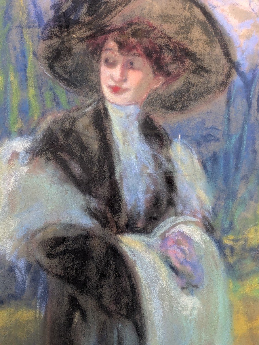 Pastel "woman With A Muff" Signed By Fortuney -photo-1