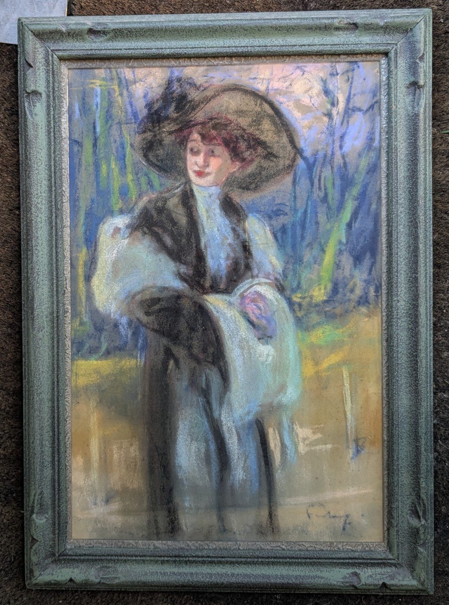 Pastel "woman With A Muff" Signed By Fortuney -photo-3