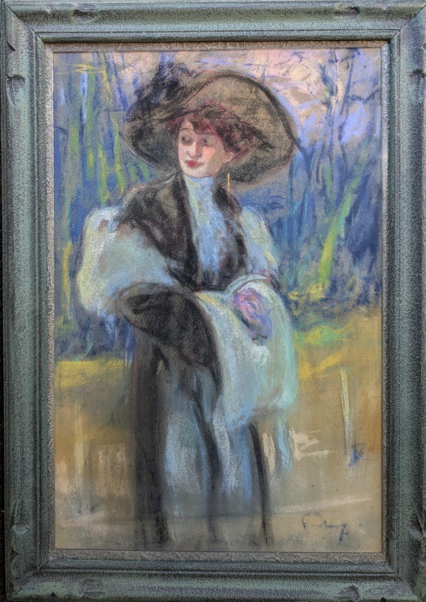 Pastel "woman With A Muff" Signed By Fortuney 