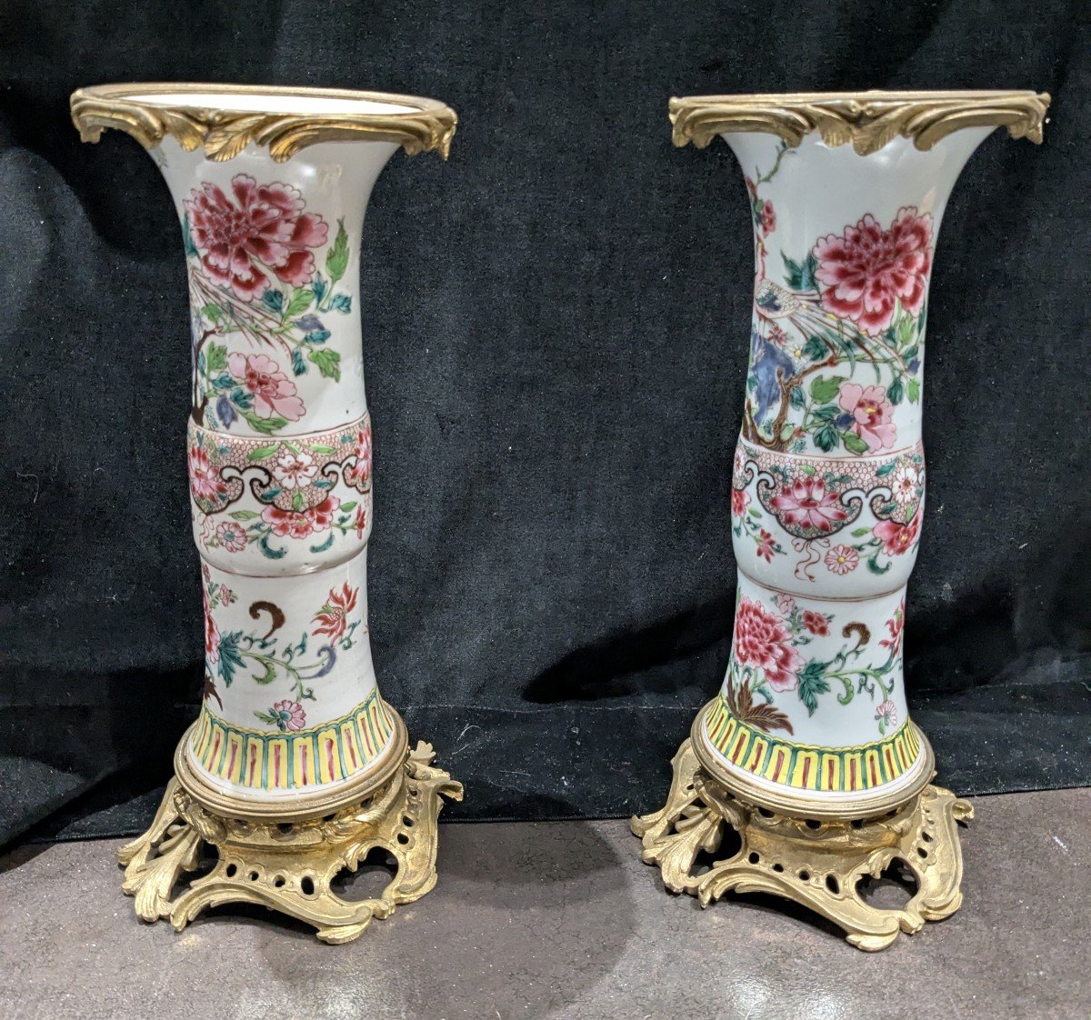 Pair Of Chinese Porcelain Scroll Vases, Famille Rose-photo-2