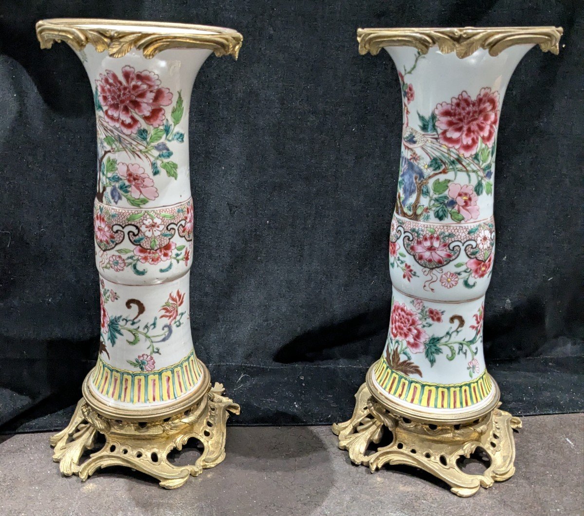 Pair Of Chinese Porcelain Scroll Vases, Famille Rose-photo-3