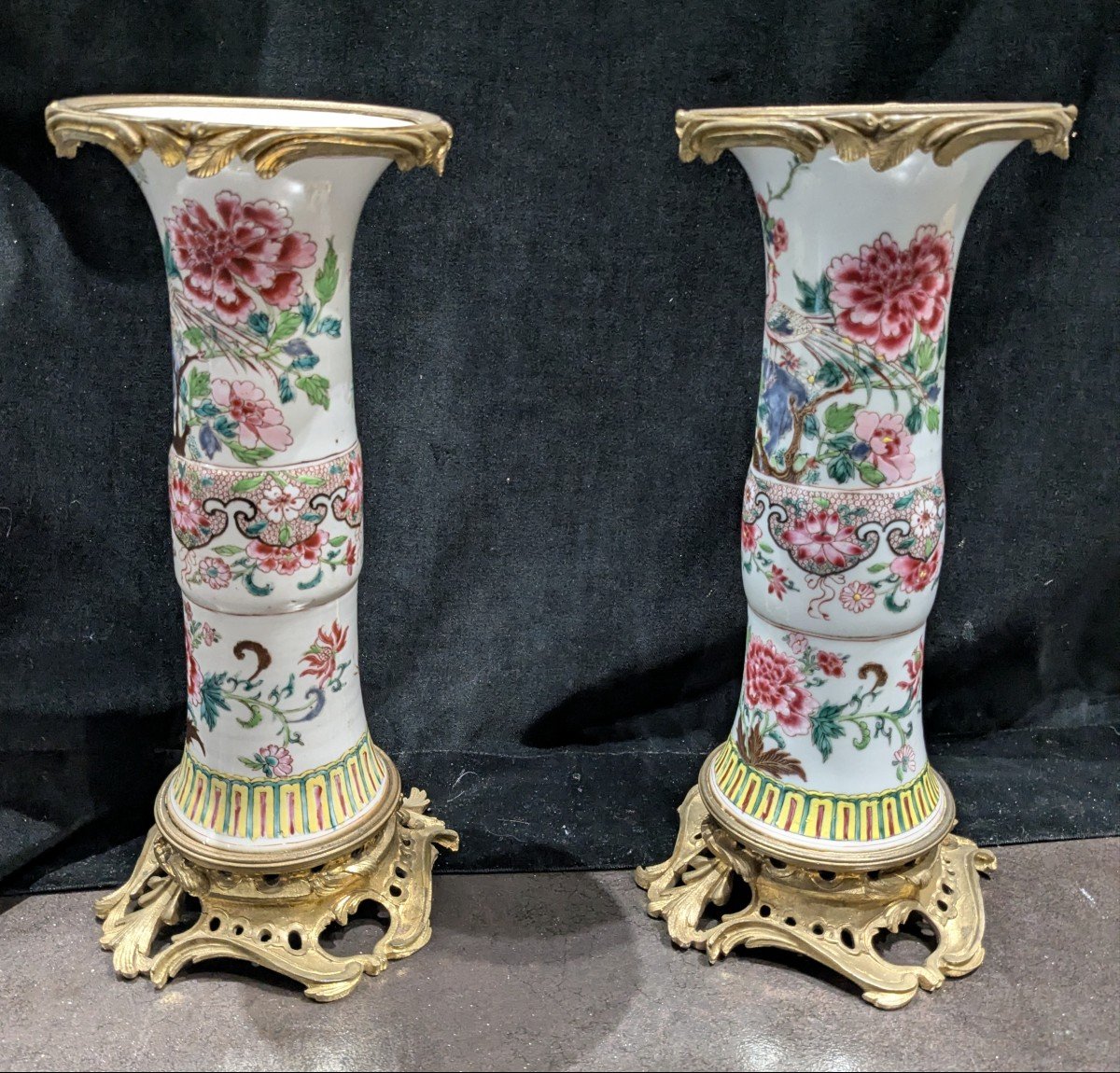 Pair Of Chinese Porcelain Scroll Vases, Famille Rose