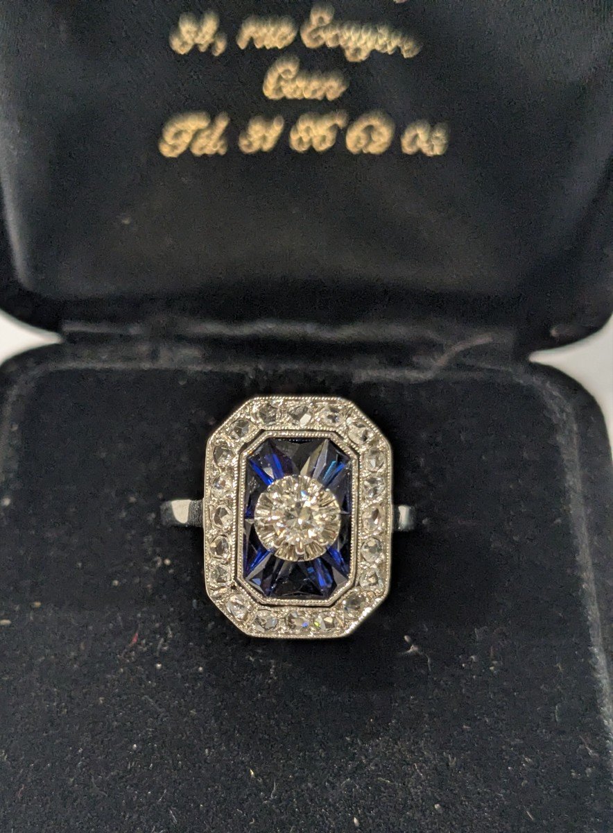 Ring In White Gold, Platinum, Central Diamond And Sapphire - Art Deco-photo-2